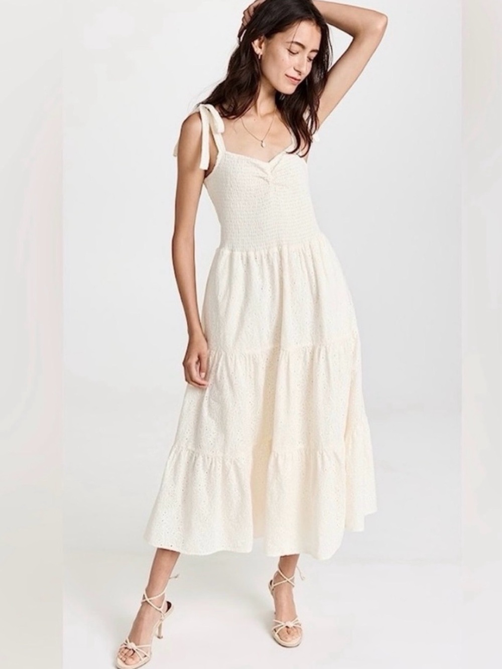 Madewell Cream Eyelet Tie-Shoulder Midi Dress